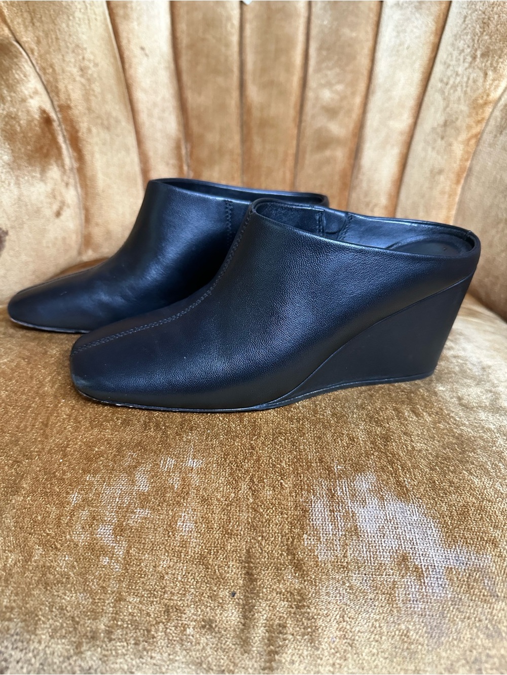 Vince Black Leather Wedge Mules Size 5